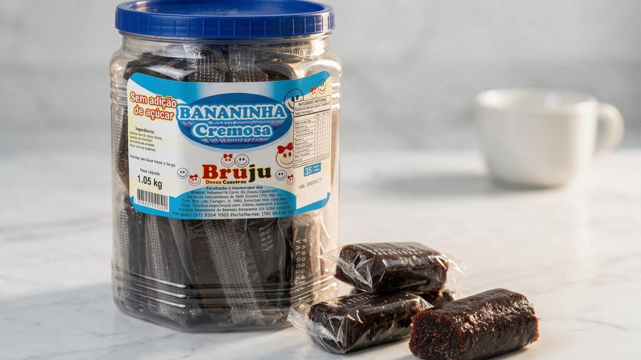 Pote de Bananinha Cremosa Bruju com tampa azul e selo sem adição de açúcar, com unidades da bananinha ao lado
