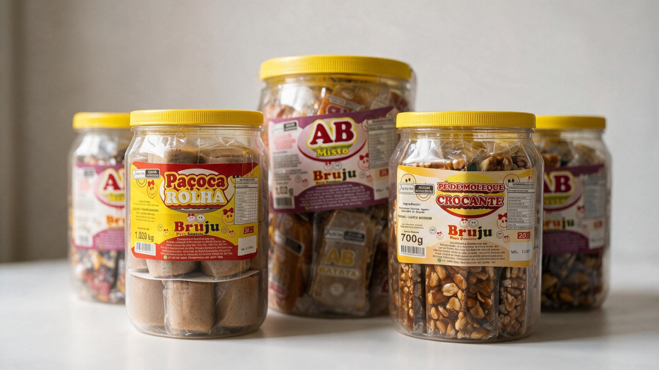 Potes de doces brasileiros tradicionais Bruju com tampa amarela: paçoca rolha, AB misto e pé de moleque